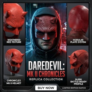 Może przedstawiać: Obraz promocyjny dla Daredevil: MK II Chronicles Replica Collection. Obraz przedstawia mężczyznę w czerwonej masce Daredevila, z zbliżeniami na hełm. Tekst zawiera "Weathered Red Texture" i "Modular Plate System".