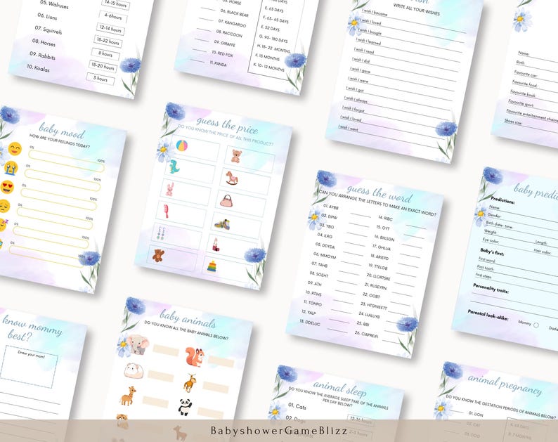 Floral Baby Shower Game Set - 5 Fun Printable Games For 50 Guests, Includes Prediction, Emoji Bingo & Who Knows Mommy - View #3