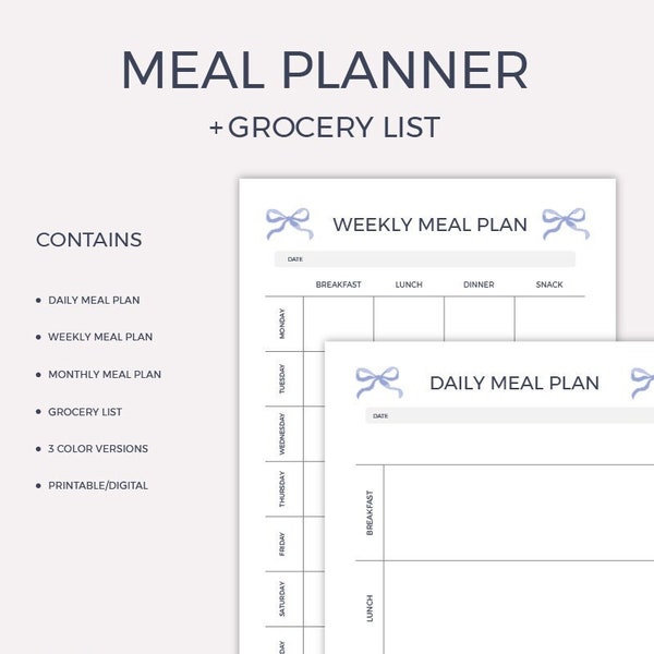 Printable Meal Planner, Digital Meal Planner, Daily Food Diary, Meal Planner Template, A4, Grocery List Template, Aesthetic, Minimalistic