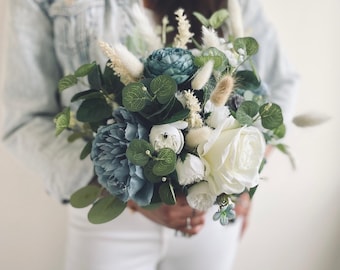 Bridal Bouquet - Dusty Blue and White Wedding Flowers - Bride Artificial Flower Set - Boho Bridal Bouquet - Bridal accessories - Flowers