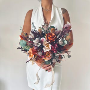 Bouquet de mariée automne : fleurs artificielles orange brûlé, bordeaux et rose poudré | Bouquet de mariée en soie | Fleurs de mariage d&#39;automne bohèmes