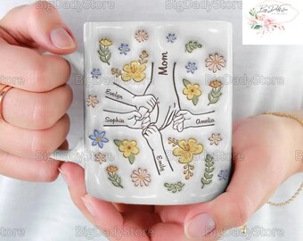 Mother You Hold Our Hands, Also Our Hearts, Personalized Holding Mom Hand 3D Inflated Effect Mug, Mug Gift For Mom, Grandma Mug