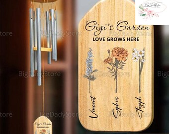 Personalized Grandma's Garden Wind Chimes, Birth Flower Wind Chimes, Door Hanging Wind Chimes, Gift For Grandma, Garden Wind Chimes