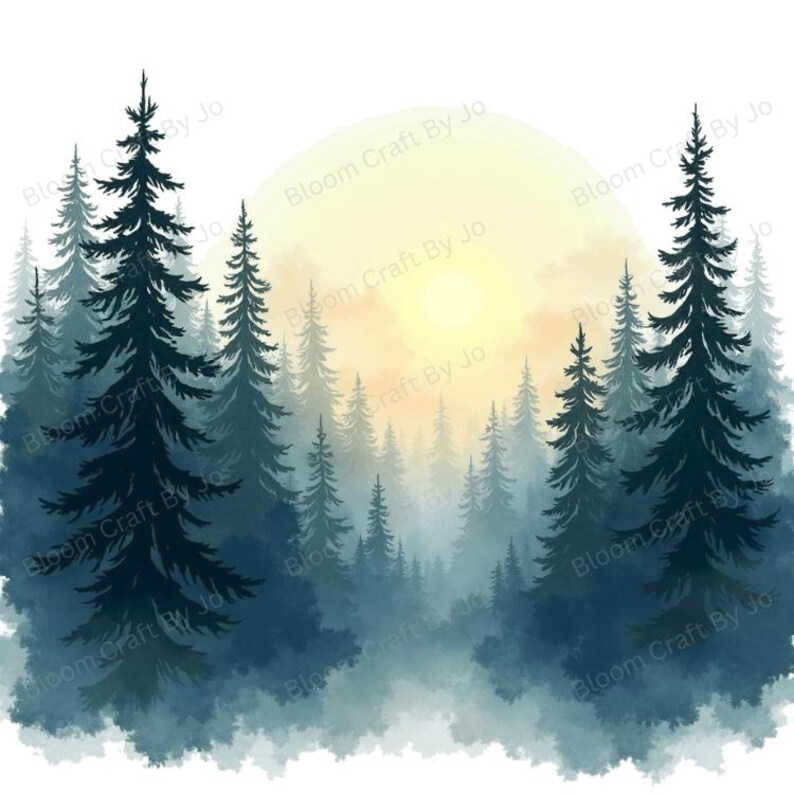 Misty Pines Watercolor Forest Clip Art Bundle – Foggy Pine Tree ...