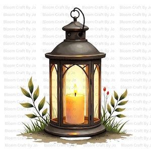 Puede incluir: Ilustración en acuarela de una linterna vintage con una vela encendida en su interior. La linterna es de color gris oscuro con paneles de vidrio, rodeada de follaje verde y hierba. El texto "Bloom Craft By Jo" se repite.