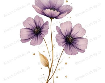 Lavender Floral Clipart, Watercolor Purple Gold Flowers PNG, Metallic Edge (Digital Download)
