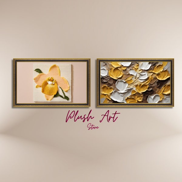 Earth Tone Art Set of 2 | Frame Tv Art Set of Yellow Orchid and Flower Petals | Gallary Wall Art | Spring Frame Tv Art | Gallery Wall Bundle