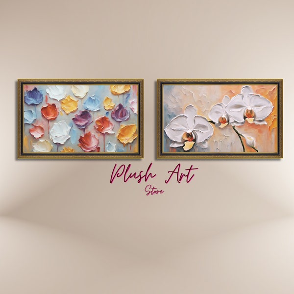 Tv Art Set of 2 Instant Download | TV Art Display of White orchids and flower petals in pastel hues | Spring Art for Tv | Frame Tv Images