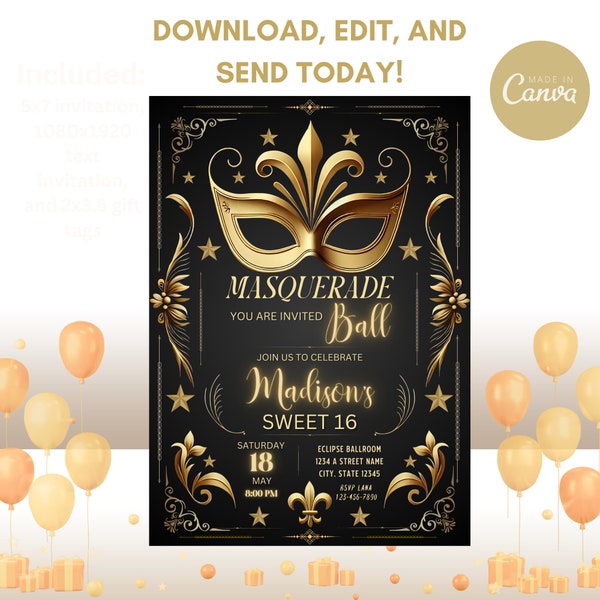 masquerade ball birthday party invitation template. black and gold digital prom sweet 16 quinceanera invite. printable