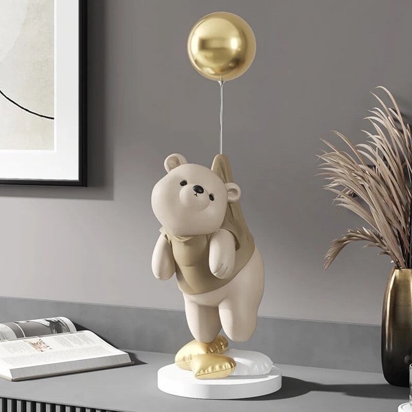 Floating Teddy Bear With Balloon Sculpture, Handmade resin sculpture, Luxury Home decor statue, Homewarming gift, Birthday gift, Rare find