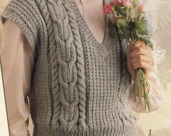 Woman's * V Neck* Cable Sleeveless* Sweater Vest with Dropped sleeves *30"-40" Worsted Yarn. 10ply* Knitting Pattern *PDF Download*