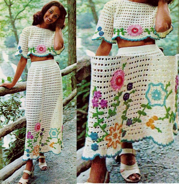 Woman s Vintage Long Crochet Skirt Top flowered Mercerized Cotton Yarn sizes 32 36 Crochet Pattern PDF Boho Very Vintage crochet