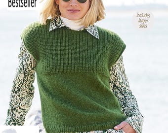 Womens Round - V Neck Top with Cap Sleeve Sweater Jumper Vest Slipover 30-40&quot; Aran 10 Ply Worsted Wool Knitting Pattern PDF download Easy