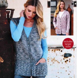 May include: A gray knitted vest with a V-neck, button closure, and pockets. The vest is worn over a light blue long-sleeved shirt and jeans. The image also shows a pink and white cardigan with pockets and button closure. The text in the image says "Includes larger sizes."