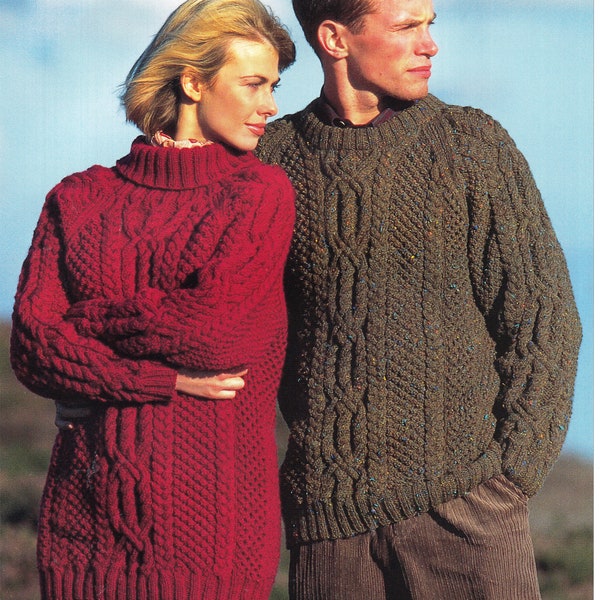 Man~Womans Aran sweaters Cable Design~ Roll Neck~Round Neck styles- 32" ~ 42" Sizes Vintage Knitting Pattern Download PDF Aran 10 ply yarn