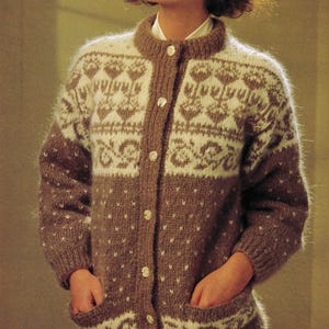 Woman's Fair Isle Cardigan - round Neck with pockets-  Bulky 12 ply Mohair 32 -38" Download PDF Knitting Pattern
