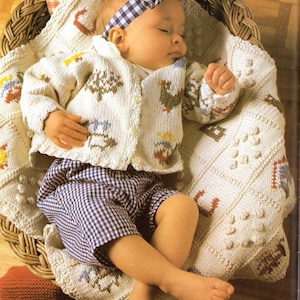 Baby boy girl sweater & blanket pattern motifs abc chicken doll etc  dk cotton ( 8 ply ) fits 4 - 9 months download knitting pattern pdf