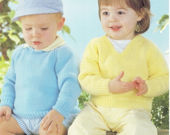 Easy Beginners Baby V Neck Round neck Raglan sleeve Jumpers 16 - 24" DK 8 Ply Light Worsted -  Knitting Pattern pdf Digital Download