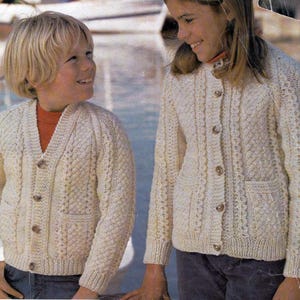 Childrens Raglan Aran cable Cardigans Aran 10 ply worsted wool -22-32&quot; chest. Knitting Pattern Download PDF Classic aran v neck round neck
