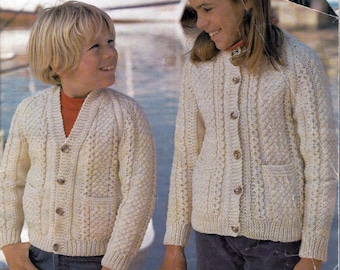 Childrens Raglan Aran cable Cardigans Aran 10 ply worsted wool -22-32" chest. Knitting Pattern Download PDF Classic aran v neck round neck