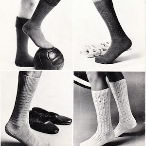 May include: Monochrome image showcasing four pairs of socks. One pair is dark grey, another light grey, and a third is white. The fourth pair is dark grey with a cable knit pattern. The socks are displayed with a football, shoes, and a newspaper.