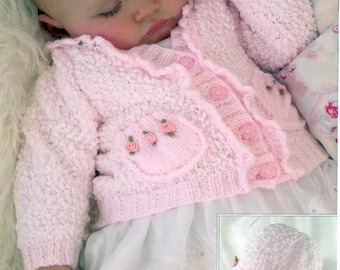 Baby frilled rosebud Cardigan with Pockets & Hat in DK 8Ply Light Worsted Download PDF Knitting pattern 16 - 26" (0 - 6 y)