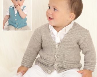 Baby easy V neck Cardigan  & Vest slipover Beginners - DK (8 ply ) Light worsted wool 16-22" ( 0 -3 yrs) Instant Download Knitting pattern