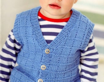 Boy's knitted textured v neck cardigan & waistcoat- gilet - fits from birth up to 7 years- dk 8 ply  wool-knitting pattern download pdf