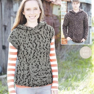 May include: A sleeveless hooded sweater with a pocket and a speckled pattern. The sweater is knitted in a light grey colour with black speckles. The model is wearing the sweater with a striped shirt underneath.