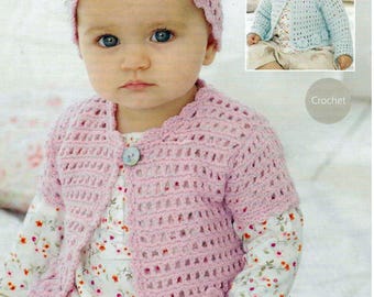 Vintage crochet  matinee jacket cardigan short or long sleeved & beanie hat -  flowers newborn -7 years 4 ply light fingering wool