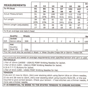 May include: A knitting pattern chart with measurements for a jacket and hat. The chart includes sizes 10 to 20 in 2-inch increments. The pattern uses Denim Ultra yarn and Country Style DK yarn. The chart also includes information about the yarn amounts, needles, and tension.
