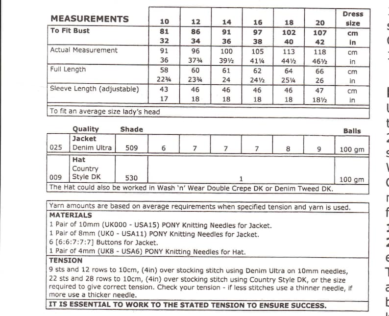 May include: A knitting pattern chart with measurements for a jacket and hat. The chart includes sizes 10 to 20 in 2-inch increments. The pattern uses Denim Ultra yarn and Country Style DK yarn. The chart also includes information about the yarn amounts, needles, and tension.