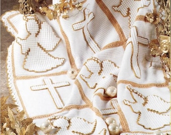 Crochet  Angel & Cross Afghan scalloped edges Crochet pattern Downloadable Vintage PDF Worsted Yarn measures 53&quot; x61&quot; Christening religious