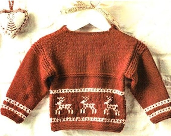 Reindeer Motif Sweater Jumper -Christmas Knitting Pattern DK (8ply) 16 - 22" Birth - 24 Months- Boys girls Download PDF Holiday Knits