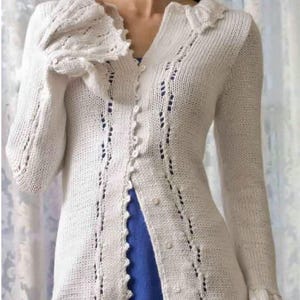 Woman's Eyelet Frilly Lace Cardigan with collar--Worsted weight 10 Ply Aran yarn -PDF Knitting Pattern - Fits bust 33-53 inches Download