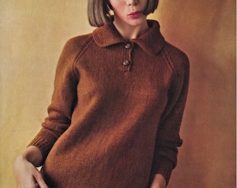 Woman's Easy  Smart Polo Shirt Style  Sweater with Collar 32"-42" DK 8 Ply Light Worsted Knitting Pattern PDF Download