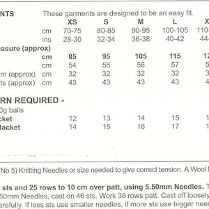 May include: A knitting pattern chart for a jacket with measurements in inches and centimeters for sizes XS to XXL. The chart also includes yarn requirements for a 3/4 sleeve jacket and a long sleeve jacket.