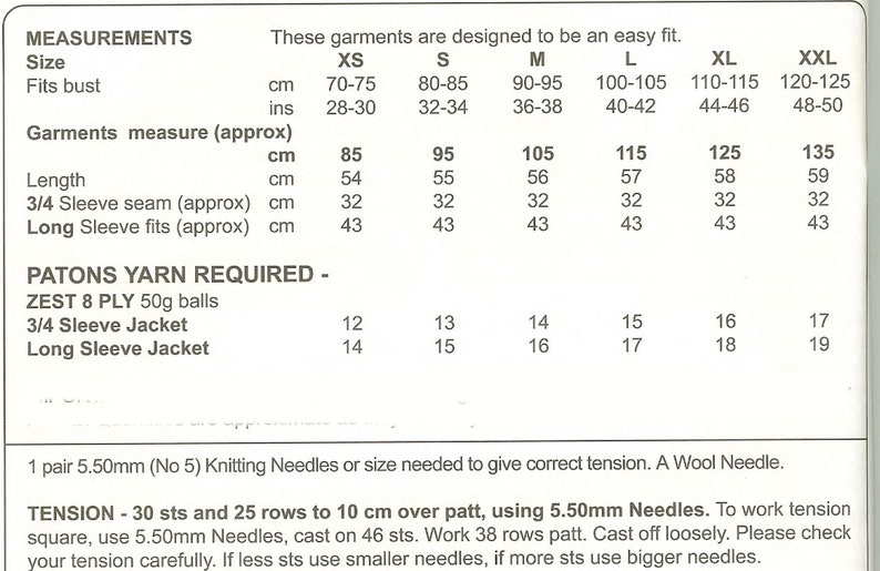 May include: A knitting pattern chart for a jacket with measurements in inches and centimeters for sizes XS to XXL. The chart also includes yarn requirements for a 3/4 sleeve jacket and a long sleeve jacket.