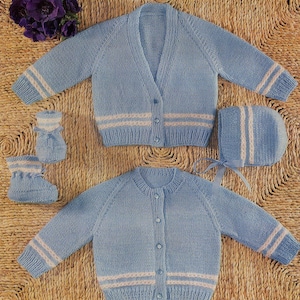 May include: A light blue knitted baby set, including two cardigans, a bonnet, and booties. The cardigans have a V-neck and a round neck, with white stripes on the sleeves and bottom. The bonnet and booties also feature white stripes.