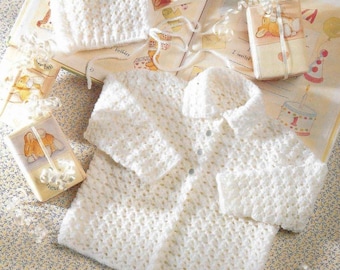 Baby girl crochet cardigan with collar bonnet  (hat)l4ply fingering wool- 20" ~ 22"  vintage crochet pattern download pdf