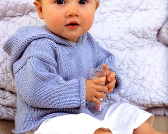 Baby Hooded Sweater - Roll cuffs, stocking stitch- easy pattern Worsted Aran 10 ply  yarn - 0 -2 yrs knitting pattern download PDF boy- Girl
