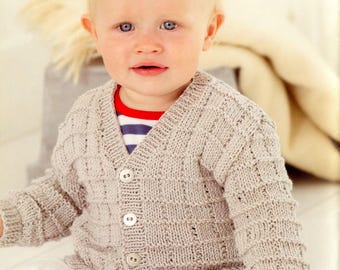 Boy's knitted textured v neck cardigan & waistcoat- gilet - fits from birth up to 7 years- dk 8 ply  wool-knitting pattern download pdf