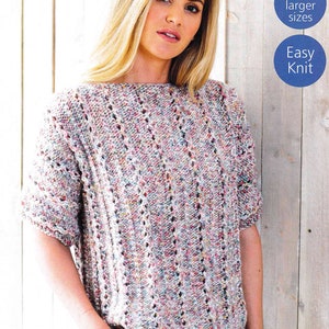 May include: A multi-colored knit sweater with a loose fit and short sleeves. The sweater has a simple, open stitch pattern. The text "Includes larger sizes" and "Easy Knit" is visible in the image.