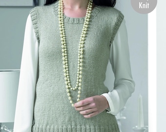Very Easy Beginner Woman&#39;s Scoop Neck Slipover Sweater Vest-Top Jumper Pullover 32&quot;-44&quot; DK 8 Ply Light Worsted Knitting Pattern PDF Download