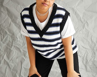 Woman's *Very Easy Beginner * stripe* V Neck Top* Jumper Slipover* Sweater Vest *32"-54" DK 8 Ply wool*Knitting Pattern* PDF Download*
