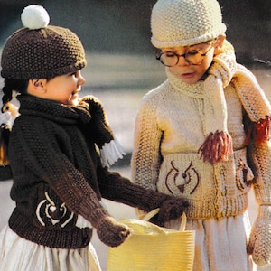 Girls Jacket - Owl pockets & matching hat, scarf, mitts Knitting pattern 22" 26" chest Chunky Bulky 12 ply Knitting pattern Download PDF