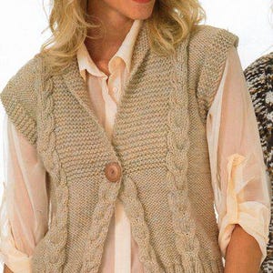 Woman&#39;s  Easy Cable Waistcoat V neck~ Button front Knitting Pattern- Simple  pattern to knit in Chunky Bulky 12ply Yarn- Download PDF