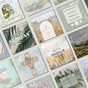 May include: A collage of colorful images with text promoting different church services, including Palm Sunday, Communion Sunday, Easter Sunday, Baptism Sunday, Men's Bible Study, Prayer Service, and a Sunday Setlist. The images feature various nature scenes, including palm trees, flowers, and wheat fields.