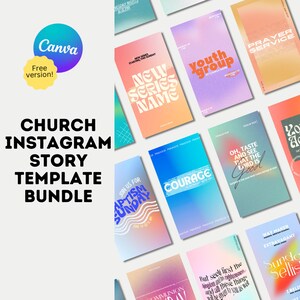 May include: A set of 10 Instagram story templates for churches. The templates feature colorful backgrounds with text overlays, such as "New Series Name", "Youth Group", "Baptism Sunday", and "Courage".