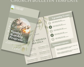 Plantilla para boletín de iglesia en tonos olivos y neutros / Descarga digital editable en Canva
